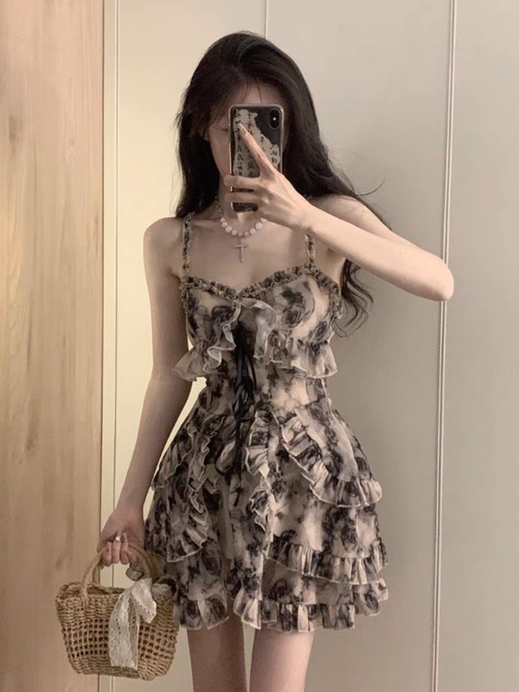 INS Aesthetic Korean Sexy sleeveless Floral Black beige Dress