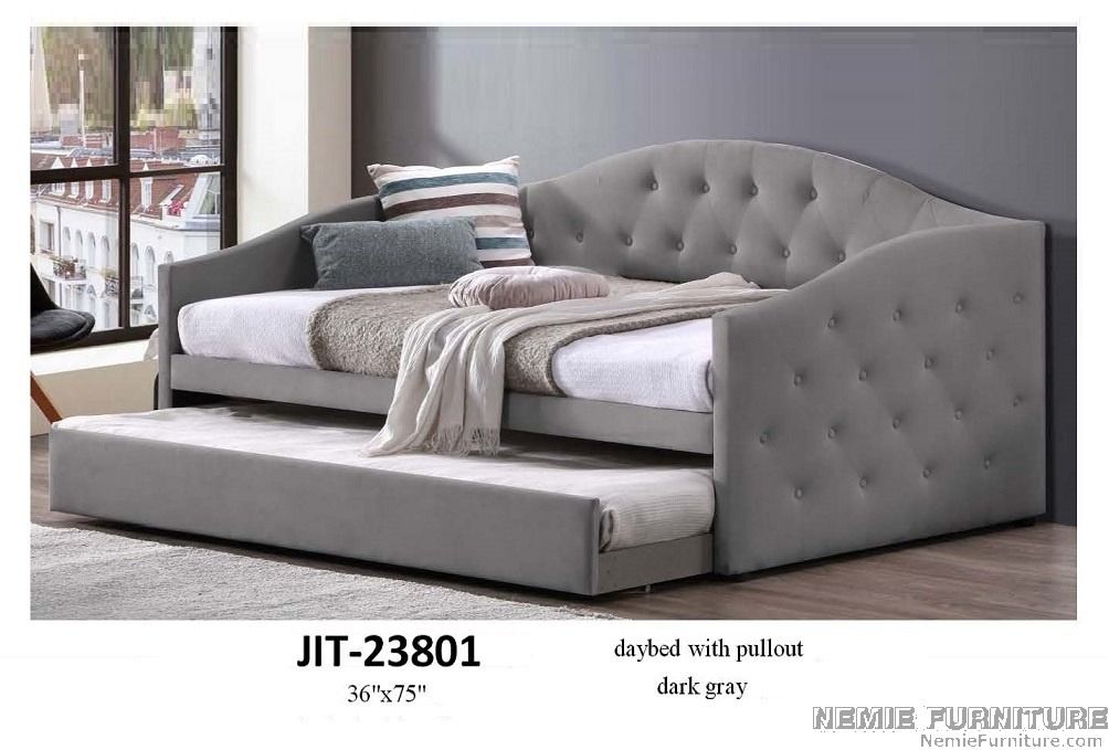JIT-23801 daybed with pullout (Category: Bed Frames & Mattresses) located in Quezon City. Submitted by nemiefurniture (Listing ID 1246968963, Image 1). Description: single upholstered daybed frame with pullout for mattress 36" x 75" color: dark gray https://nemiefurniture.com prices negotiable .
