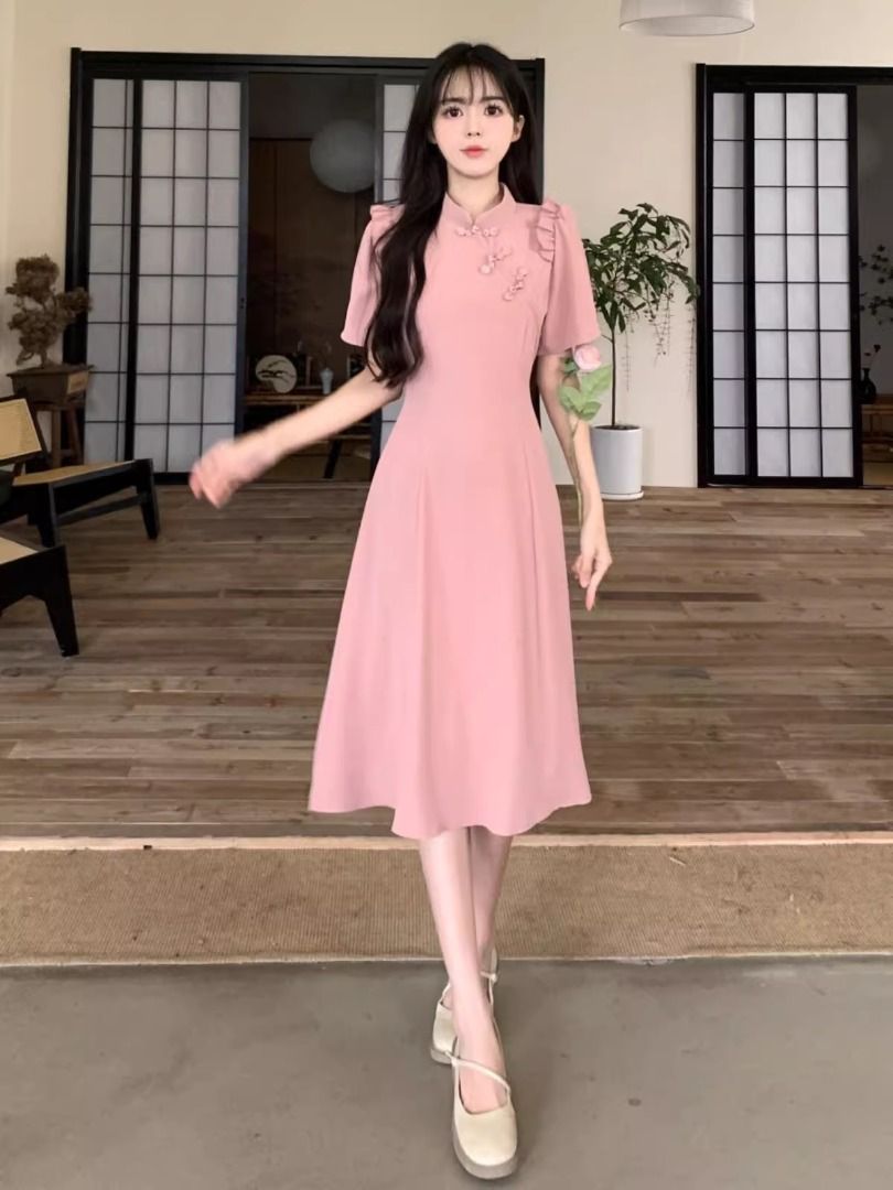 READY STOCK Women Plus Size Plain Color Short Sleeve Chinese New Year CNY Cheongsam Midi Dress Size M 5XL