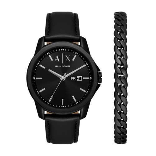 SALE 50 OFF Armani Exchange Three Hand Day Date Black Leather
