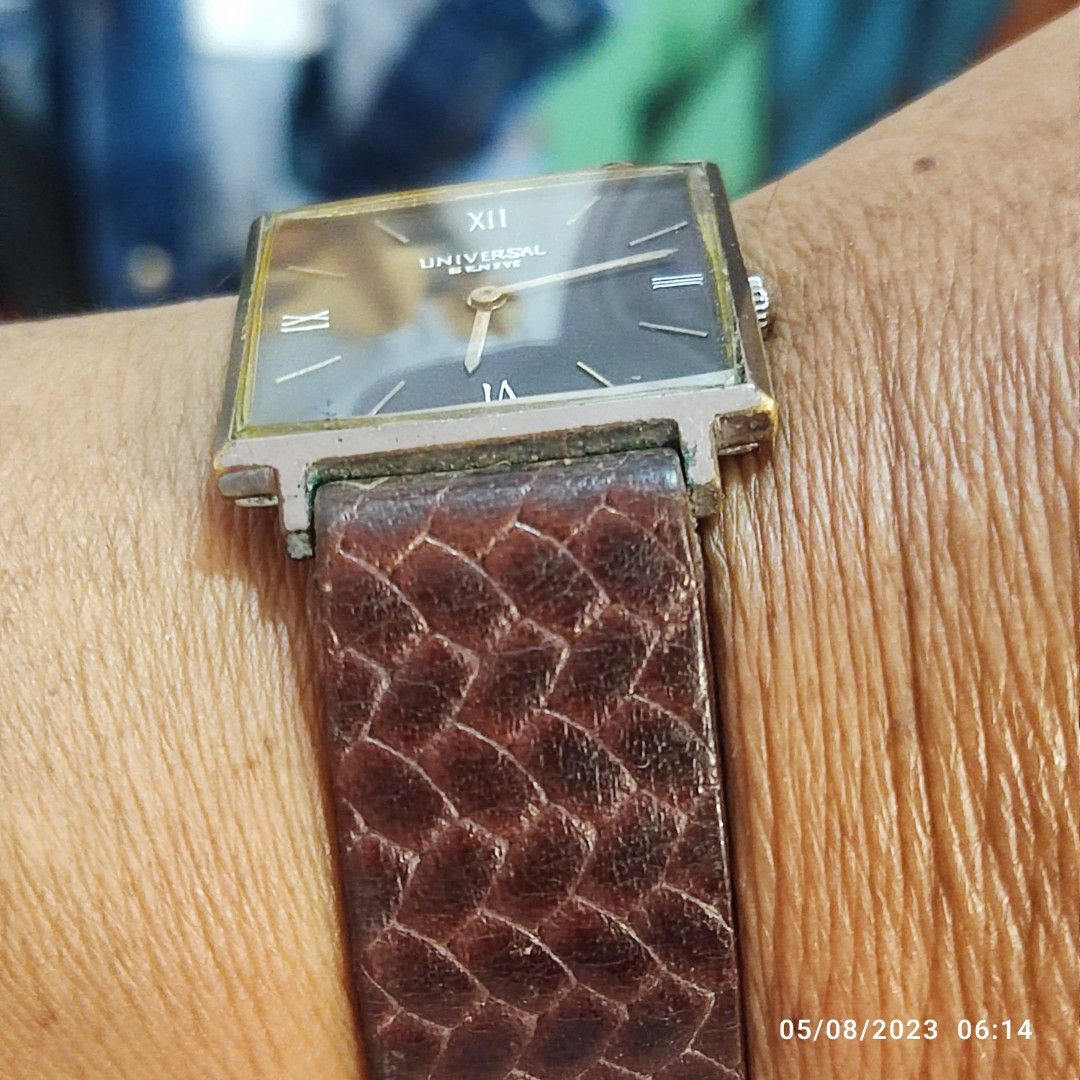 Universal Geneve Dress Watch (Category: Men's Watches) located in General Trias. Submitted by elcombo (Listing ID 1247113721, Image 3). Description: Authentic Swiss made case size 26x29x5 mm manual winding/de susi crystal replaced dial repainted genuine leather strap Good working condition.