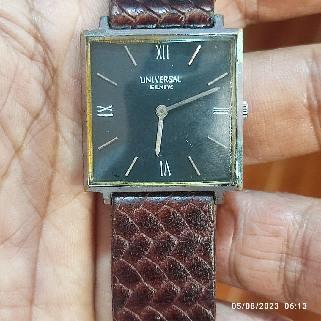 Universal Geneve Dress Watch (Category: Men's Watches) located in General Trias. Submitted by elcombo (Listing ID 1247113721, Image 1). Description: Authentic Swiss made case size 26x29x5 mm manual winding/de susi crystal replaced dial repainted genuine leather strap Good working condition.