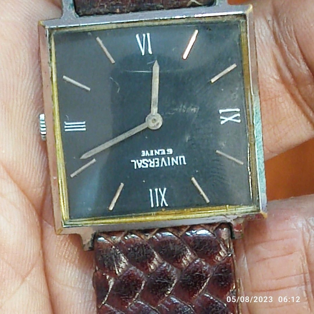 Universal Geneve Dress Watch (Category: Men's Watches) located in General Trias. Submitted by elcombo (Listing ID 1247113721, Image 2). Description: Authentic Swiss made case size 26x29x5 mm manual winding/de susi crystal replaced dial repainted genuine leather strap Good working condition.