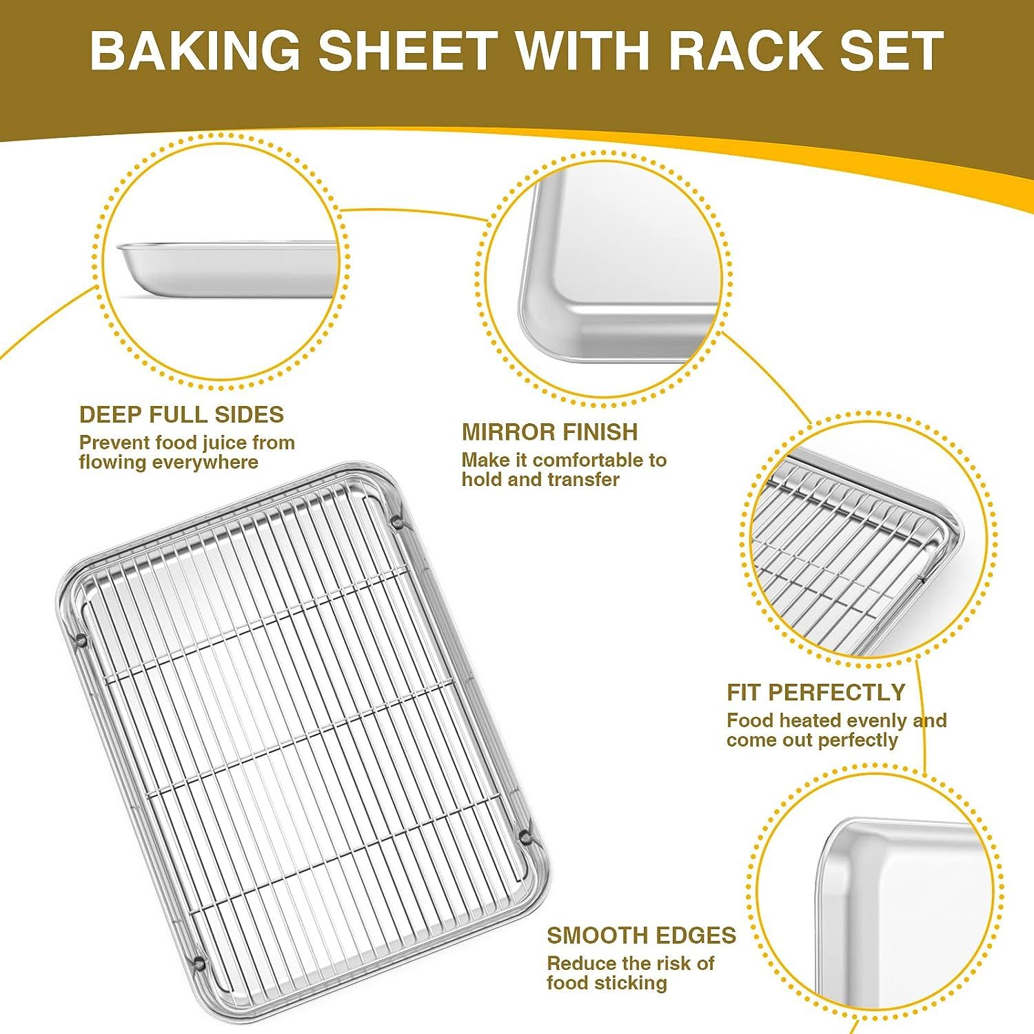 Wildone Baking Sheet & Rack Set [2 Sheets + 2 Racks], Stainless Steel  Cookie Pan with Cooling Rack, Size 16 x 12 x 1 Inch, Non Toxic & Heavy Duty  