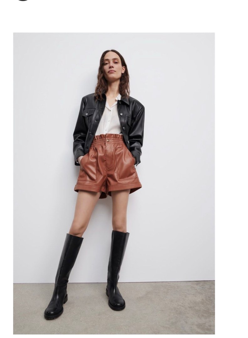 brown leather shorts zara