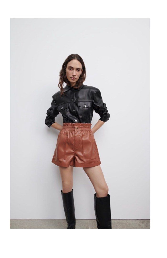 Zara Brown Leather Shorts, Women's Fashion, Bottoms, Shorts on Carousell