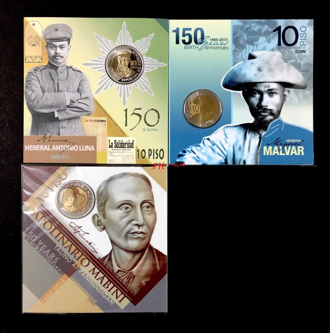 10 Piso Philippine Commemorative (Category: Currency) located in Valenzuela. Submitted by phcoins.banknotes08 (Listing ID 1247208526, Image 1). Description: 10 Piso Philippine Commemorative Uncirculated Grade ₱300 each ₱600 Set 3pcs 🔹2016 Heneral Antonio Luna 150 Taon 🔹2016 Heneral Piso Miguel Malvar 🔹2014 Apolinario Mabini.
