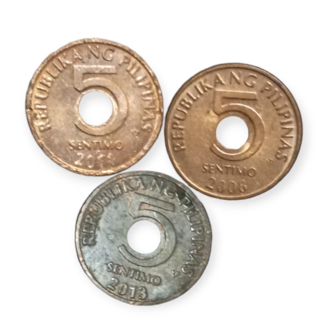 3 Five Sentimo for 130 (Category: Currency) located in Manila. Submitted by knm.studios (Listing ID 1247131687, Image 1). Description: COIN SERIES 5 Sentimo Perfect for Coin Collectors Issued from 1995, the five sentimo coin is minted in copper-plated steel, and featured no subject presented. Gcash Payment:).