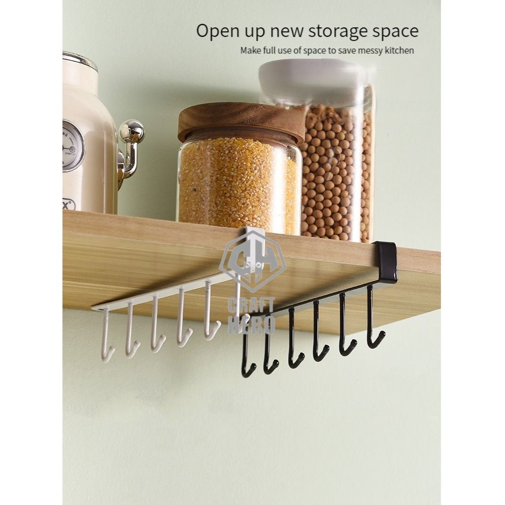 6 Hooks Cup Holder Hang Kitchen Cabinet Under Shelf Storage Rack Organizer  Hook