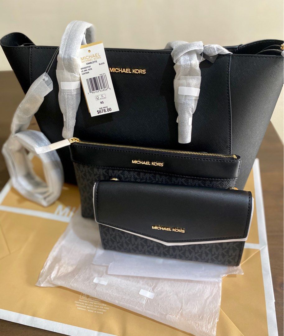 Michael Kors Charlotte Large Leather 3-in-1 Tote Crossbody Handbag Black Bag  MK