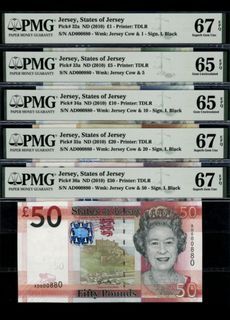 👉🏻AD 000880 States of Jersey 🇯🇪 2010 
Identical Number AD 000880  Complete set Banknotes PMG 65/67 EPQ