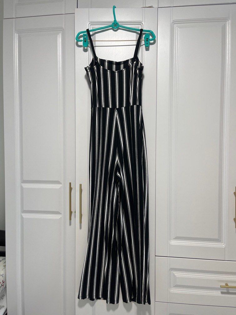Authentic Bershka striped jumpsuit black white, Women's Fashion