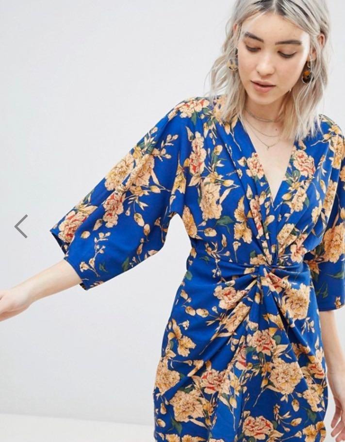 BOOHOO Floral Knot Front Kimono Dress S Women s Fashion Dresses