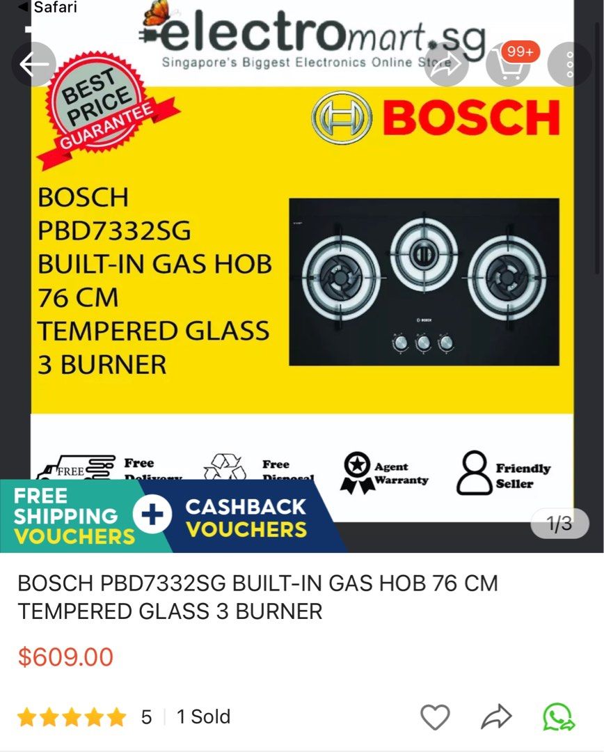 Bosch Gas Hob PBD7332SG, TV & Home Appliances, Kitchen Appliances, Hobs