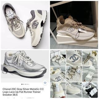 Chanel 23C Gray Silver Metallic CC Logo Lace Up Flat Runner Trainer Sneaker  38.5