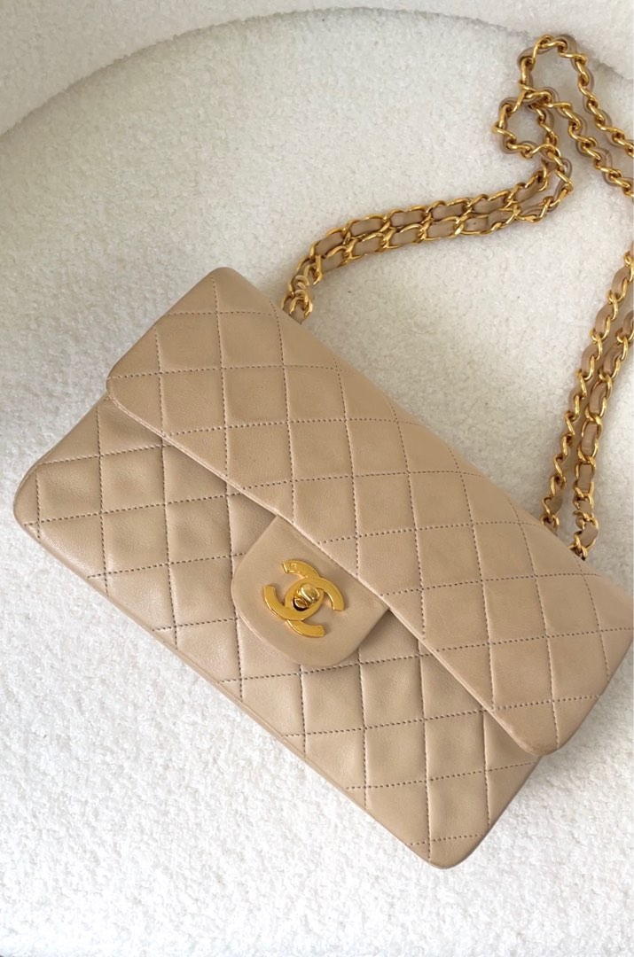 Chanel classic small double flap Beige vintage bag lambskin (not caviar),  Women's Fashion, Bags & Wallets, Shoulder Bags on Carousell