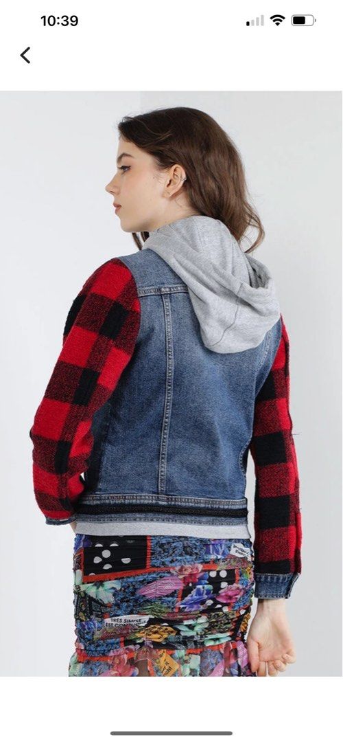 Denim jacket with cheap plaid sleeves