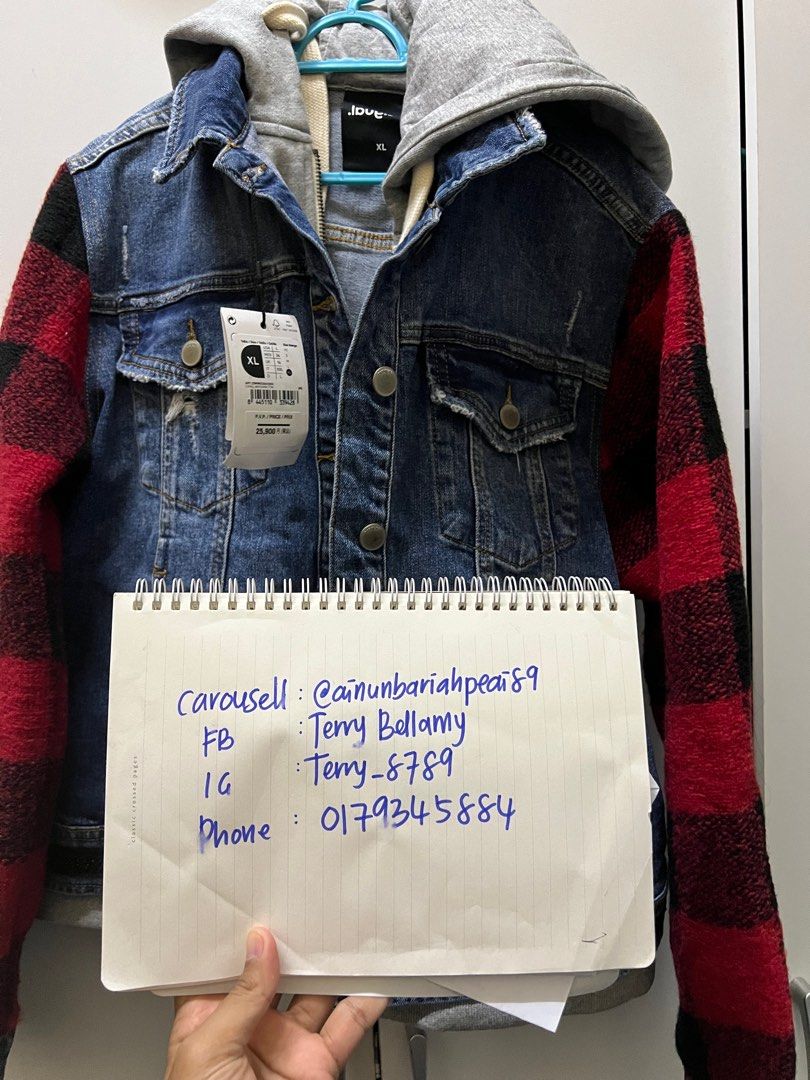 Denim Jacket with Plaid Sleeve