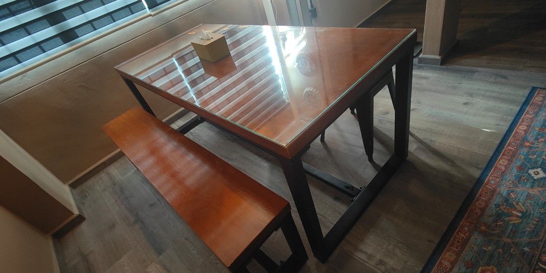 Dining Table Set (Category: Tables & Sets) located in Singapore. Submitted by ajip (Listing ID 1247169799, Image 2). Description: comes with bench chair and 3 stool chairs comes with glass top(customized) included.