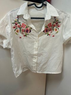 Embroidered floral korean zara style top white shirt