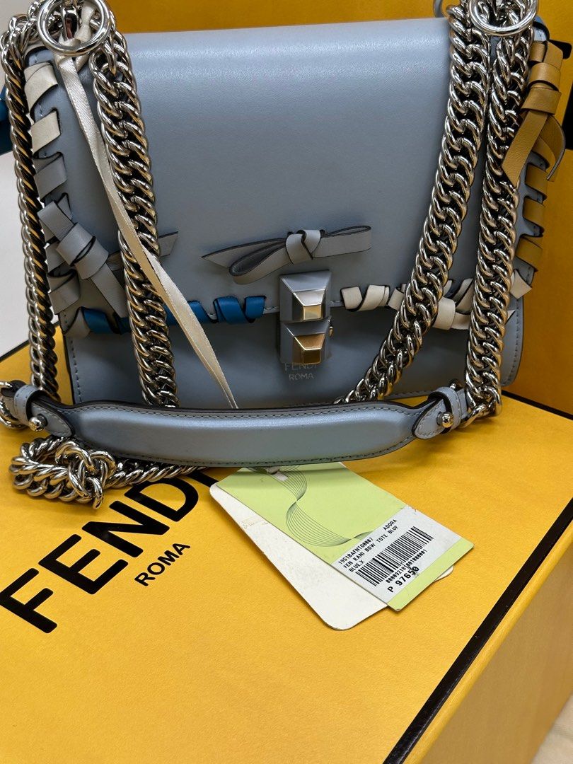 Fendi Kan Leather bow bag (Category: Luxury Bags & Wallets) located in Manila. Submitted by davidspreowned (Listing ID 1247288262, Image 1). Description: Fendi Kan leather bow blue color on silver hardware bought it for 97,650 pesos at Adora ➖Condition Unused it comes with tag ➡️Inclusions fendi card dustbag Paperbag Box .