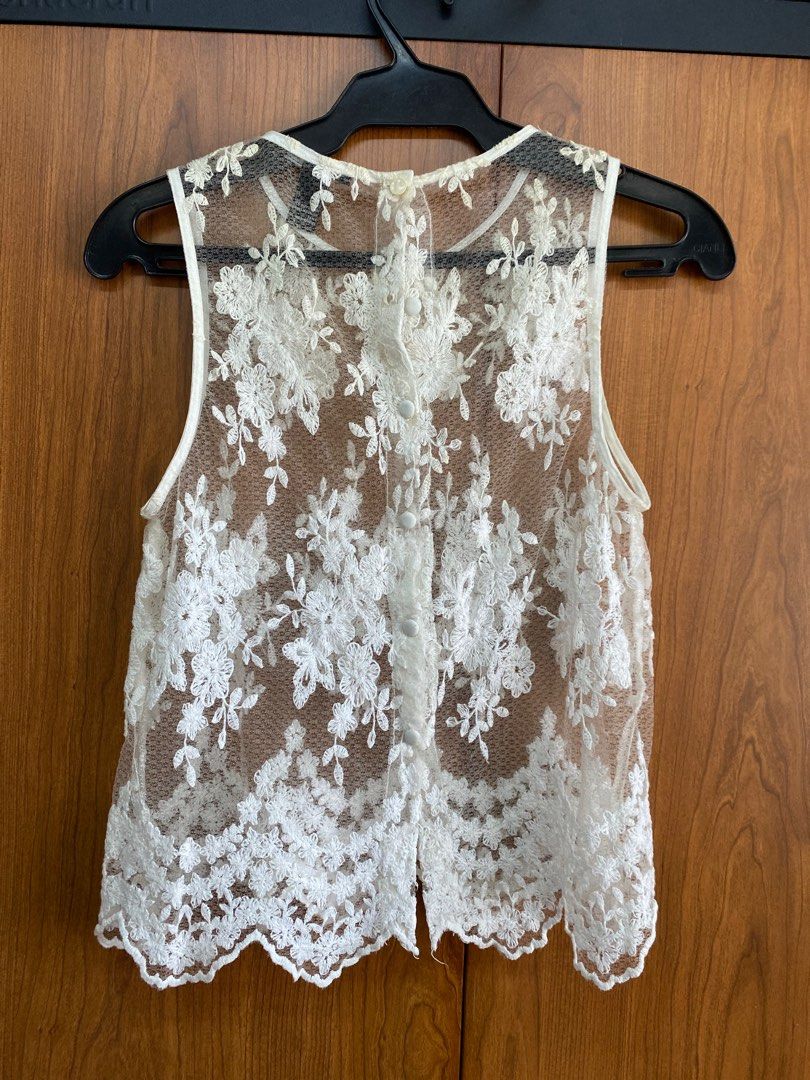 Forever 21 Lace Top (Category: Blouses) located in Las Pinas. Submitted by milkydeclutter (Listing ID 1247210602, Image 2). Description: - Original Forever 21 - Lace material - with some yellowish discoloration on neckline but still usable - size: small MOP: BPI, gcash, shopee COD (with additional 5 pesos for shopee transaction fee) MOD: grab/lalamove, shopee.