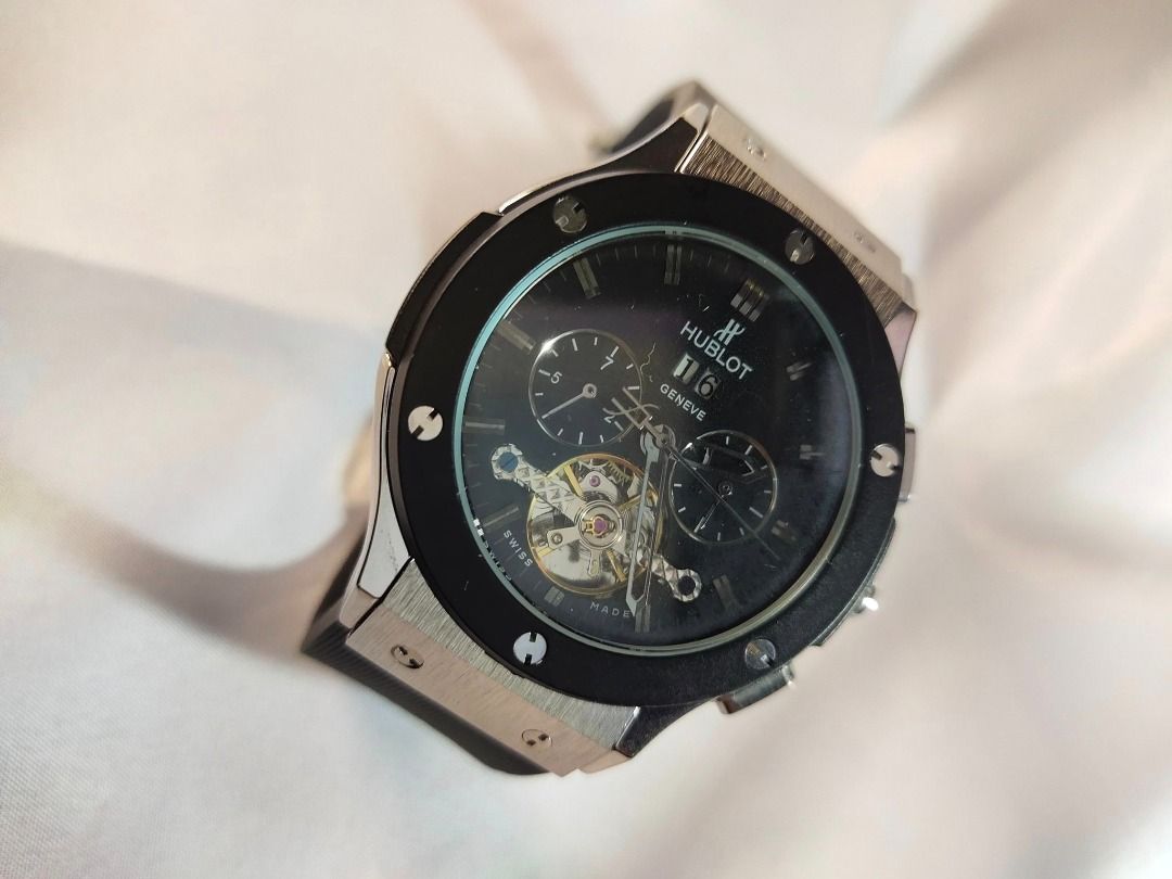 Hublot Geneve Vendome Automatic Black Dial Rubber Strap Exhibition Front Back Chronograph