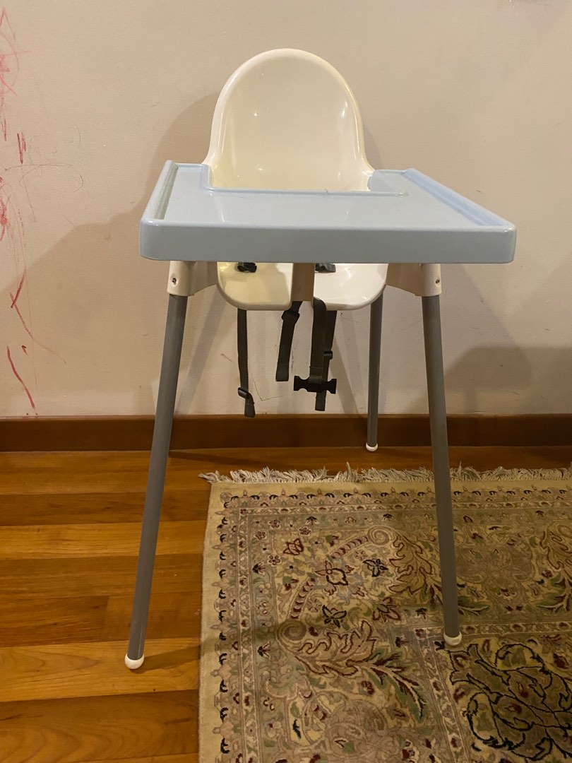 IKEA ANTILOP High chair with tray, white/silvet & blue tray, Babies