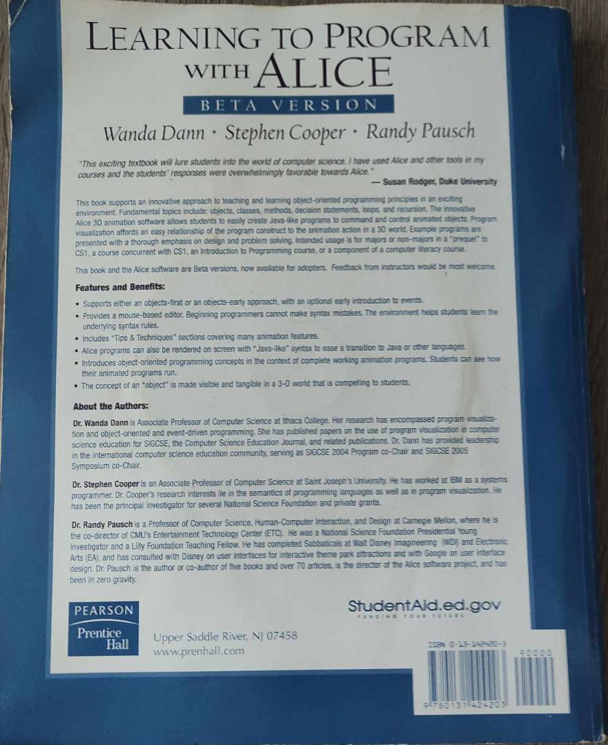 Learning to Program with Alice Beta Version (Category: Textbooks) located in Singapore. Submitted by zzzong (Listing ID 1247128567, Image 2). Description: .