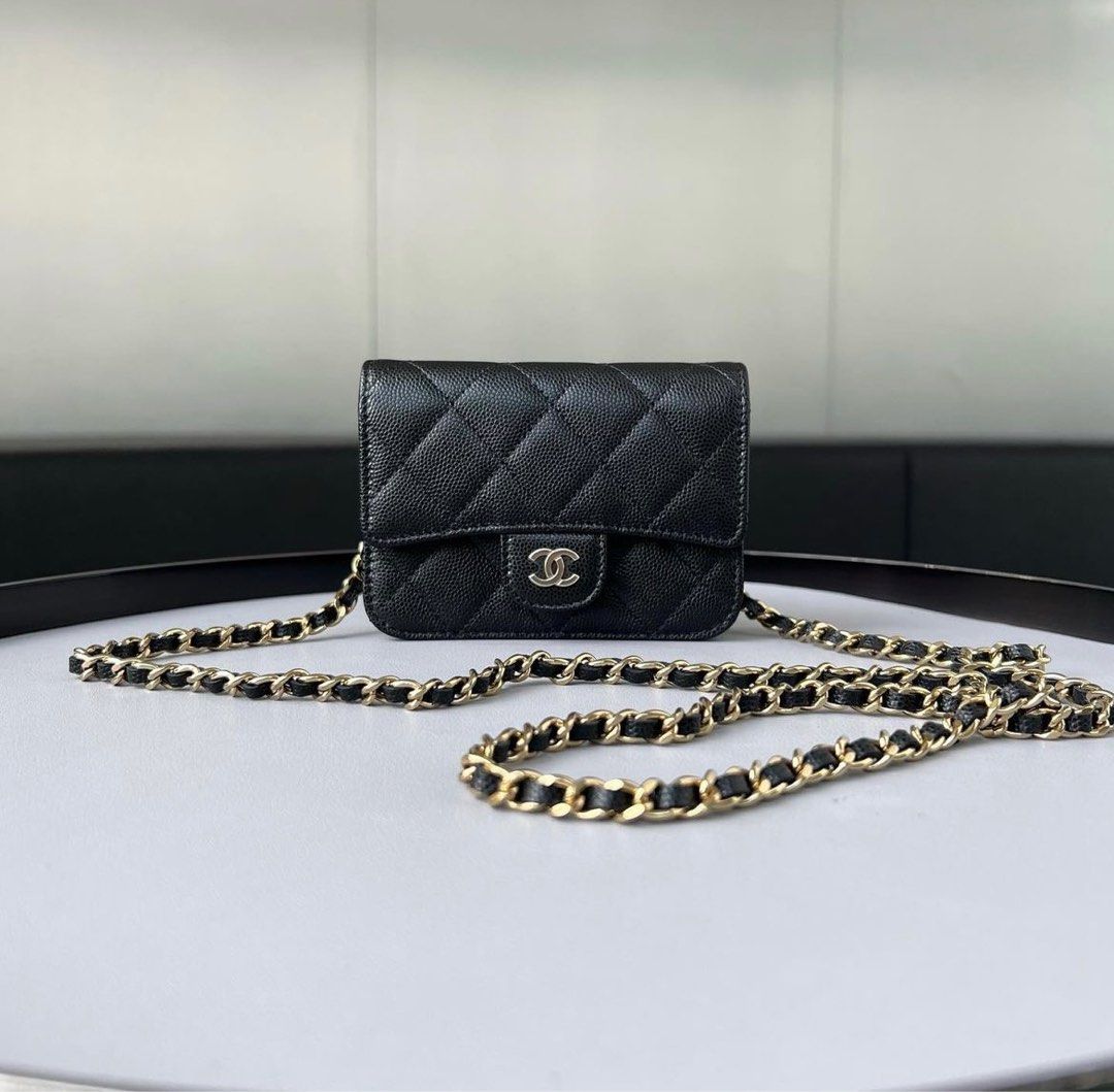 Chanel Black Quilted Grained Calfskin Mini Cardholder With Chain