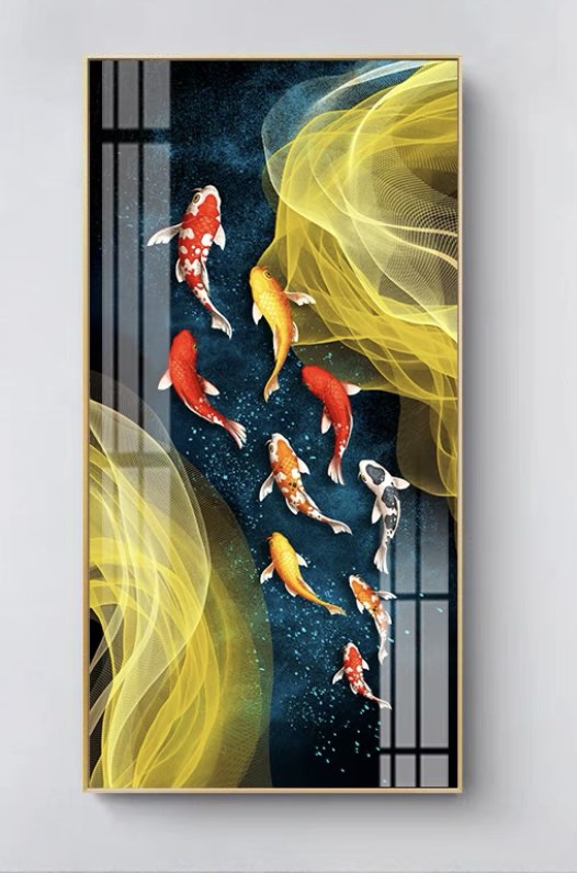 Luxury Gold Frame High Bright Crystal Clear Porcelain 9 Koi Fish Painting, Decoration Painting Nine Fish Picture, Wall Decor Background, Office  Hanging Wealth Painting, Auspicious Fengshui Painting