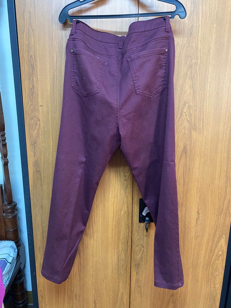 Plus size colored pants (Category: Jeans) located in Las Pinas. Submitted by milkydeclutter (Listing ID 1247209106, Image 2). Description: - was used only for a few times - stretchable material - size: may fit XL-2XL - color: maroon-darkviolet MOP: BPI, gcash, shopee COD (with additional 10 pesos for shopee transaction fee) MOD: grab/lalamove, shopee.