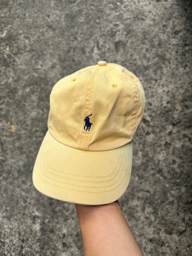 Yellow polo hat with leather strap deals
