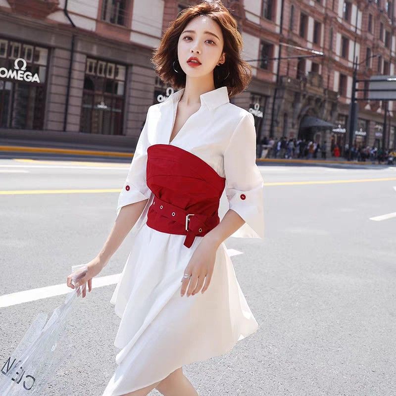 White shirt dress with corset belt sale