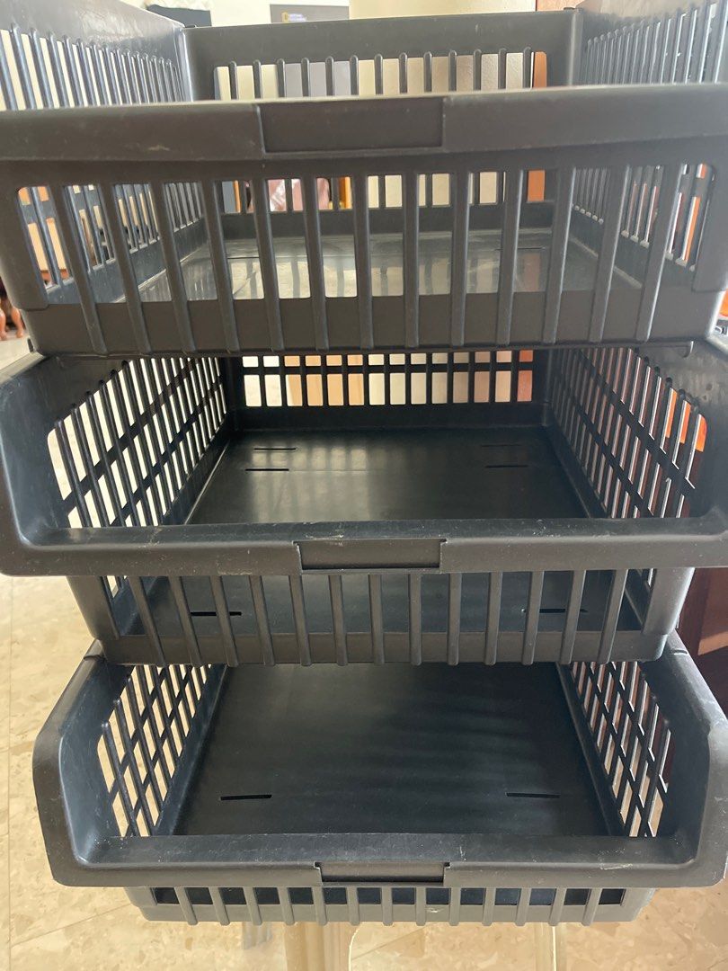Stackable storage bin (Category: Storage Boxes & Baskets) located in Singapore. Submitted by teamm. (Listing ID 1241620987, Image 1). Description: Toyogo ID 8407 Space basket Black @ $5 each Size 34.5”L x 19” W x 40”H Suitable for School, Home and Office used.