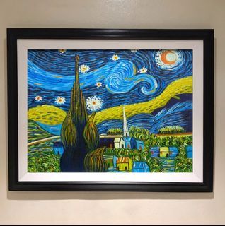 TEXTURED STARRY NIGHT VAN GOGH 29 x 24 inches OIL ON CANVAS Painting with Wood Frame, Ready to Hang