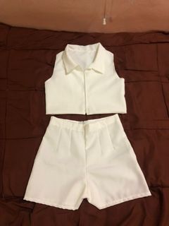 White Linen Cropped Polo and Shorts Set