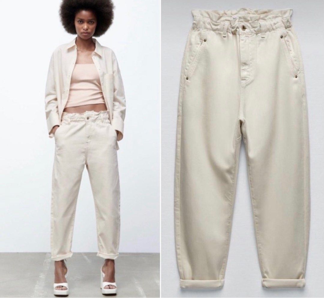 ZARA Baggy Paperbag Pants - beige, Women's Fashion, Bottoms, Jeans