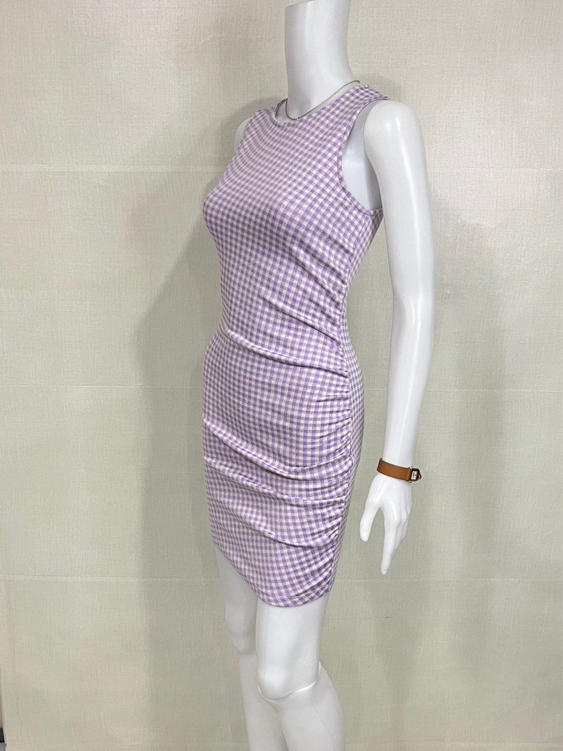 zara purple gingham dress GINGHAM HALTER VOLUMINOUS DRESS - Lilac / White