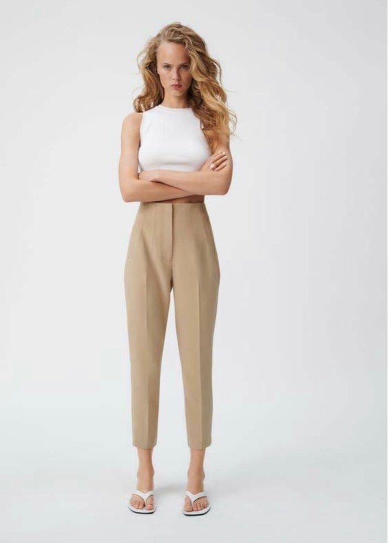 Zara High Waisted Beige Brown Working Pants, Women's Fashion