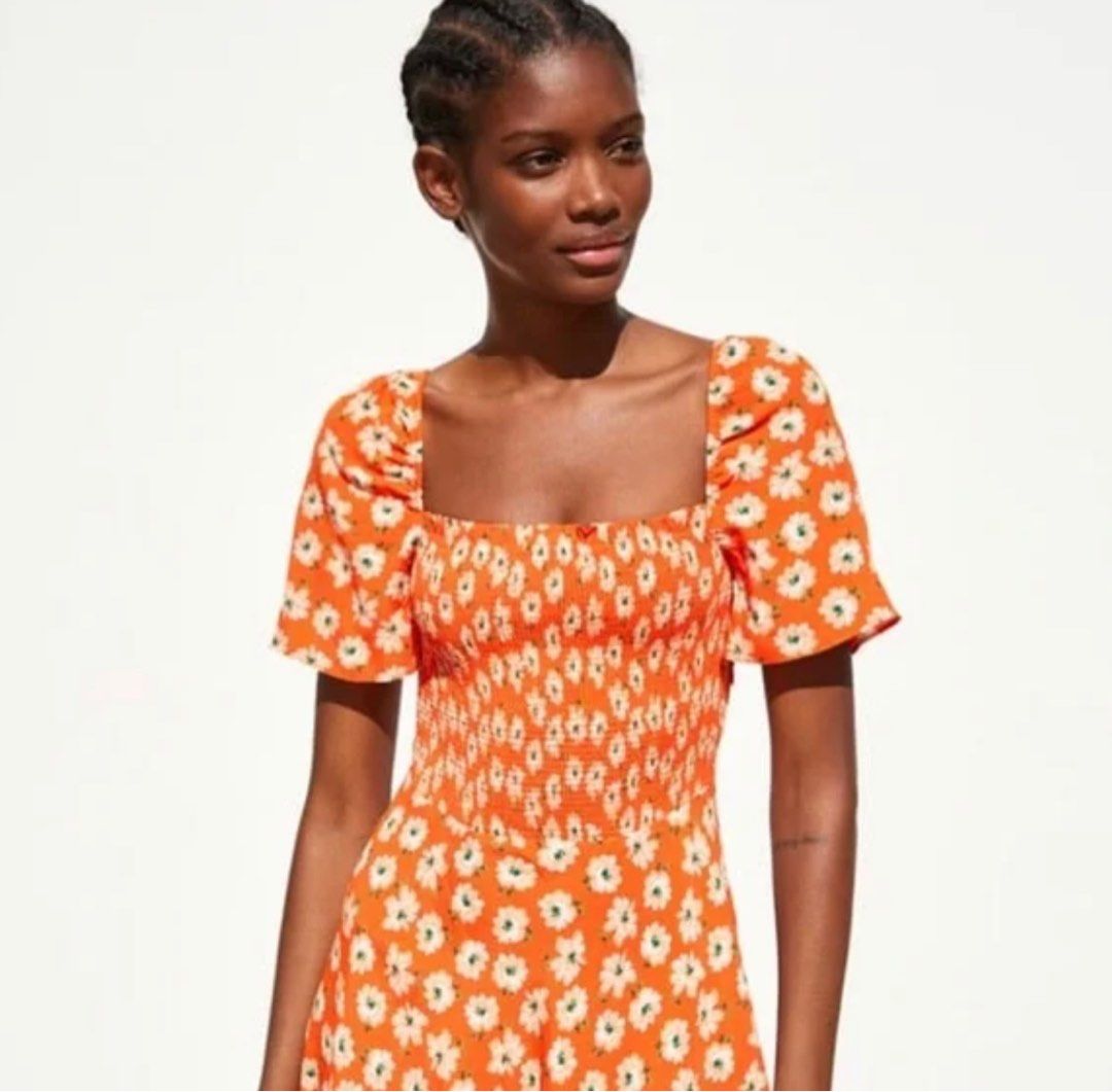 knee length dresses for ladies Zara Orange Floral Mini Dress main image 1