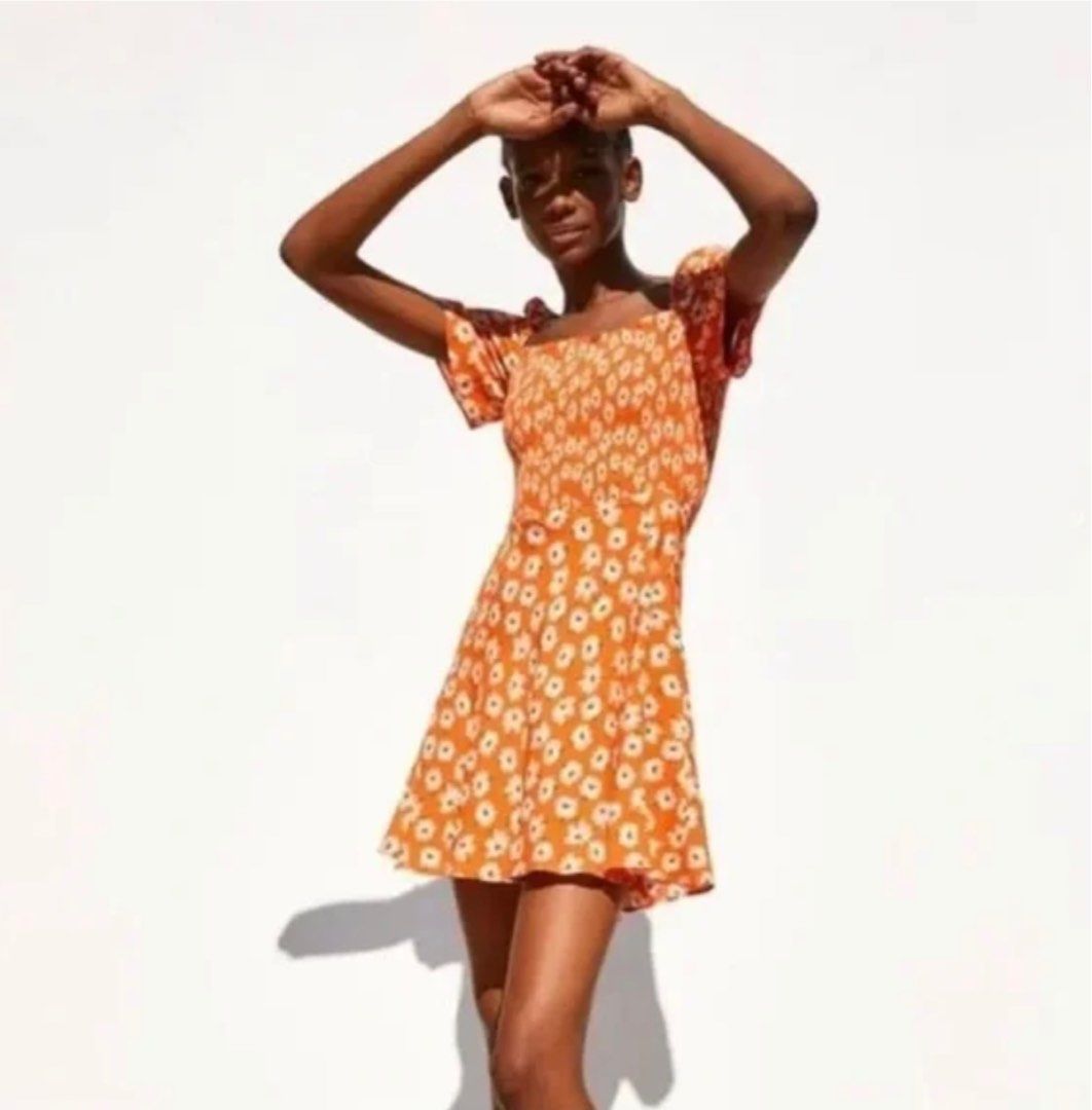 zara orange flower dress FRUIT PRINT RUFFLED MINI DRESS - Oranges