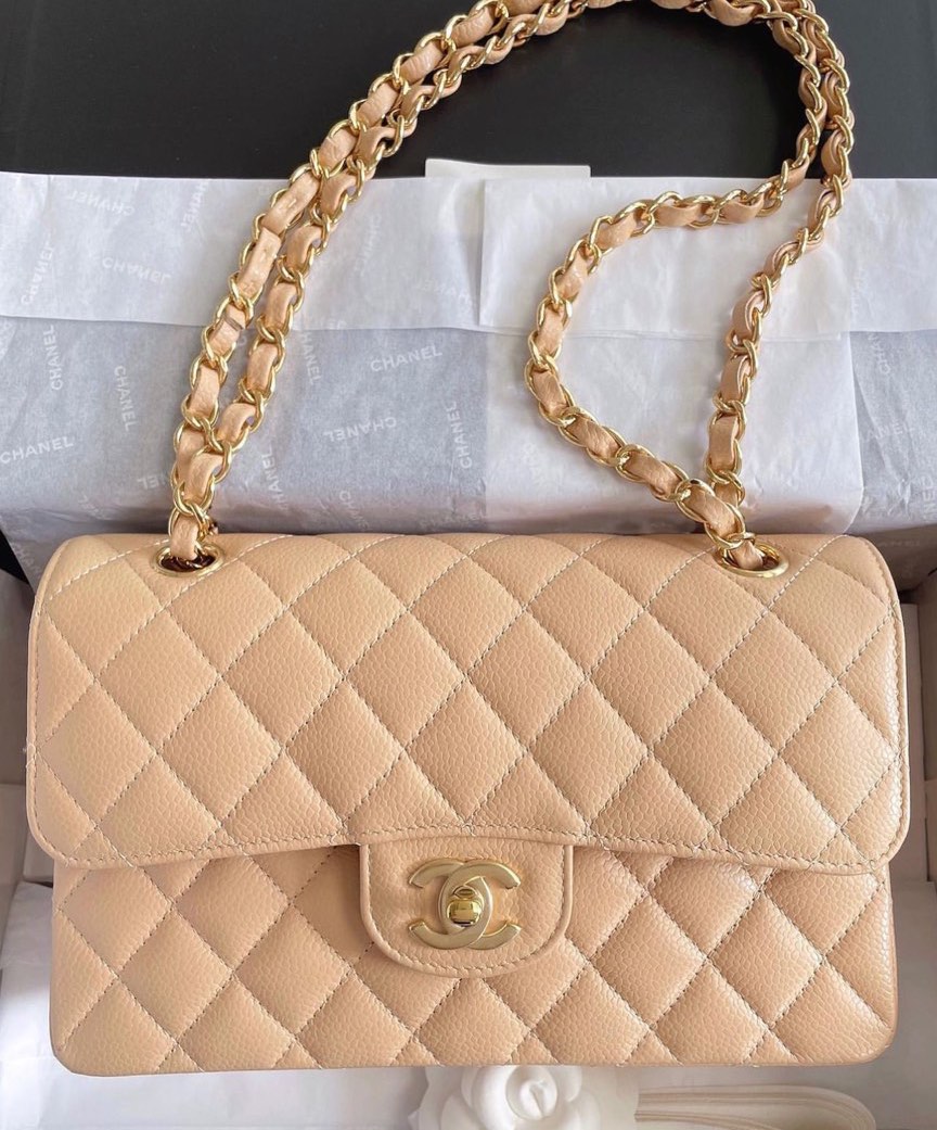 authentic chanel small classic flap beige claire caviar in gold hardware