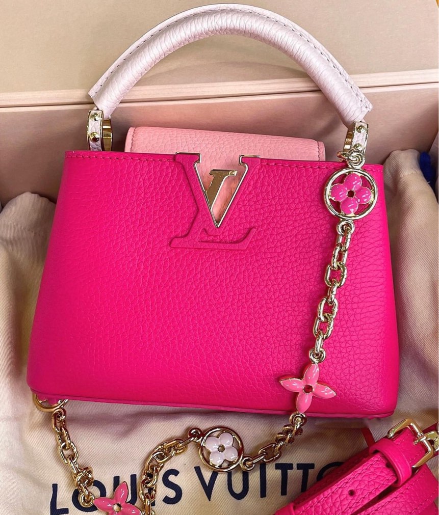 🆕 AUTHENTIC LV CAPUCINES MINI TRI PINK COLOR IN GOLD/FLOWER CHARMS  HARDWARE, Luxury, Bags & Wallets on Carousell