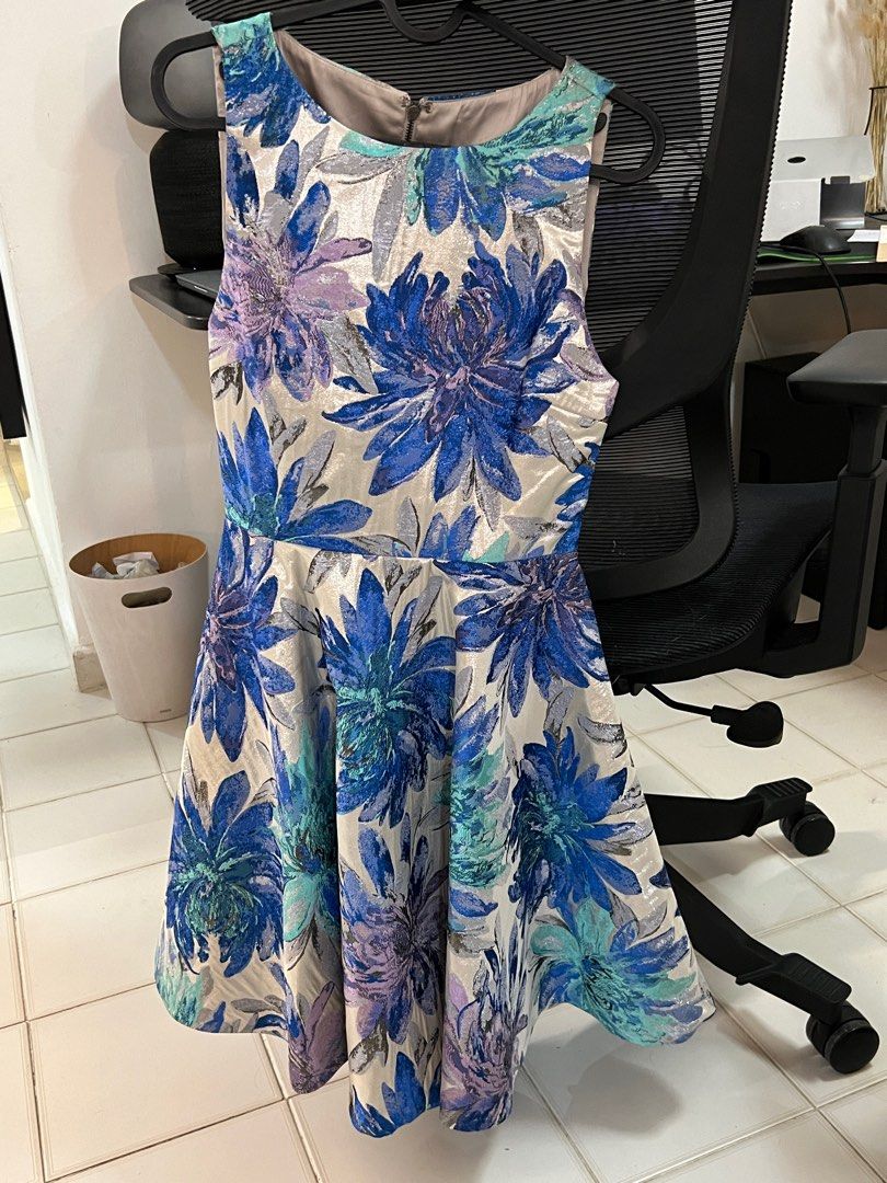 Alice Olivia Brocade A Line blue and silver open back dress