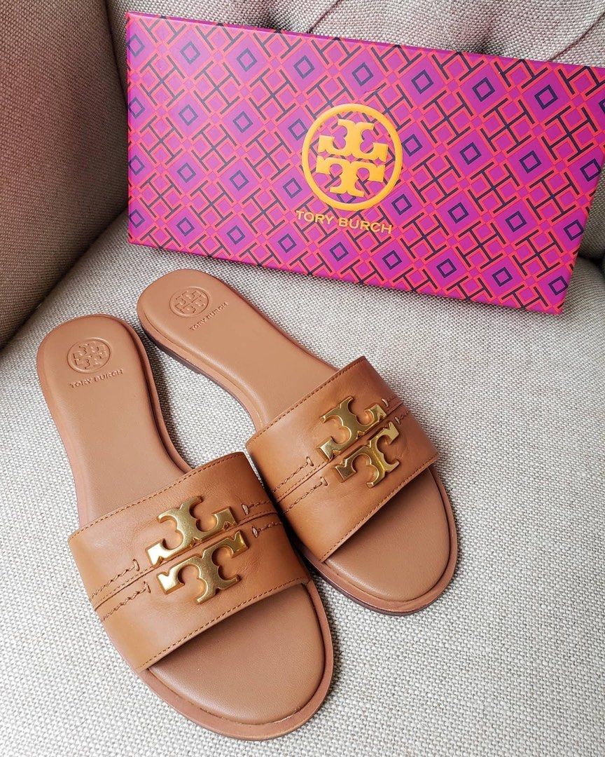 BN Tory Burch Everly Slides Flat in Tan Calf Leather Brown 6.5