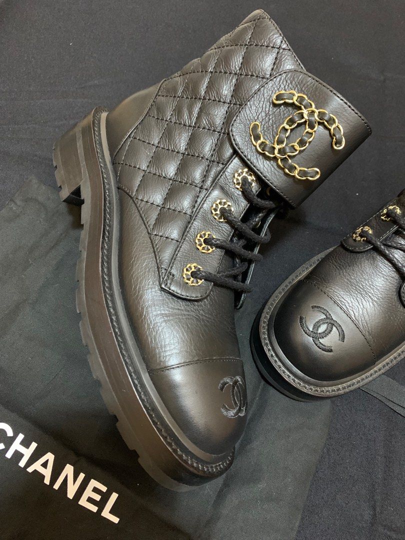 Chanel Quilted Lace Up Combat Boots