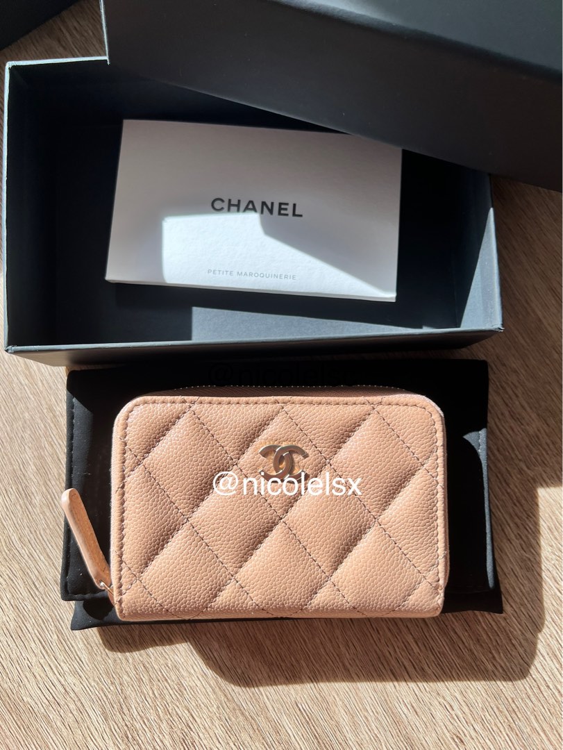 Chanel classic zipped card coin holder beige ghw 23K 24C, Luxury, Bags &  Wallets on Carousell