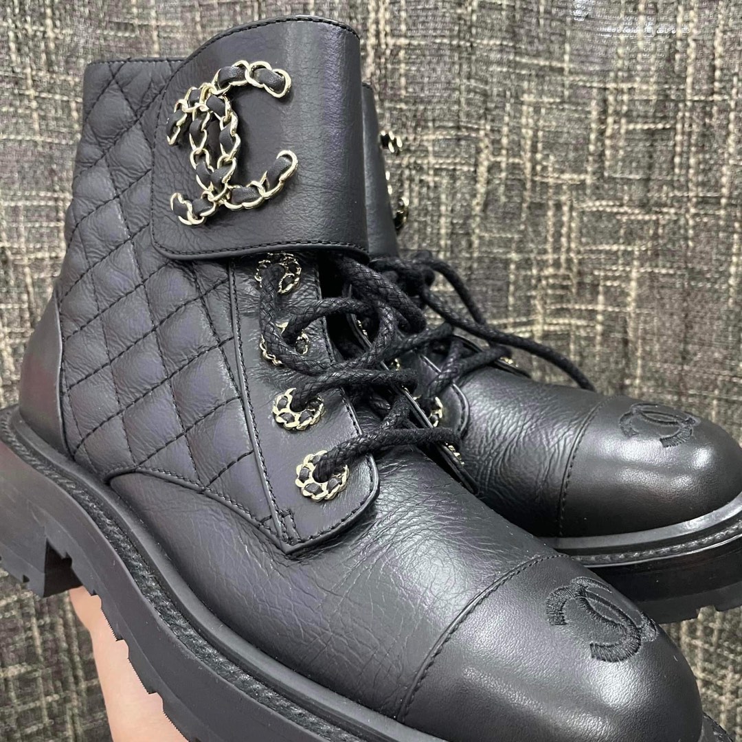 Chanel Logo Lace Up Combat Ankle Boots