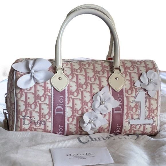 Dior White & Pink Monogram Girly Boston Bag - Authentic Dior Canada